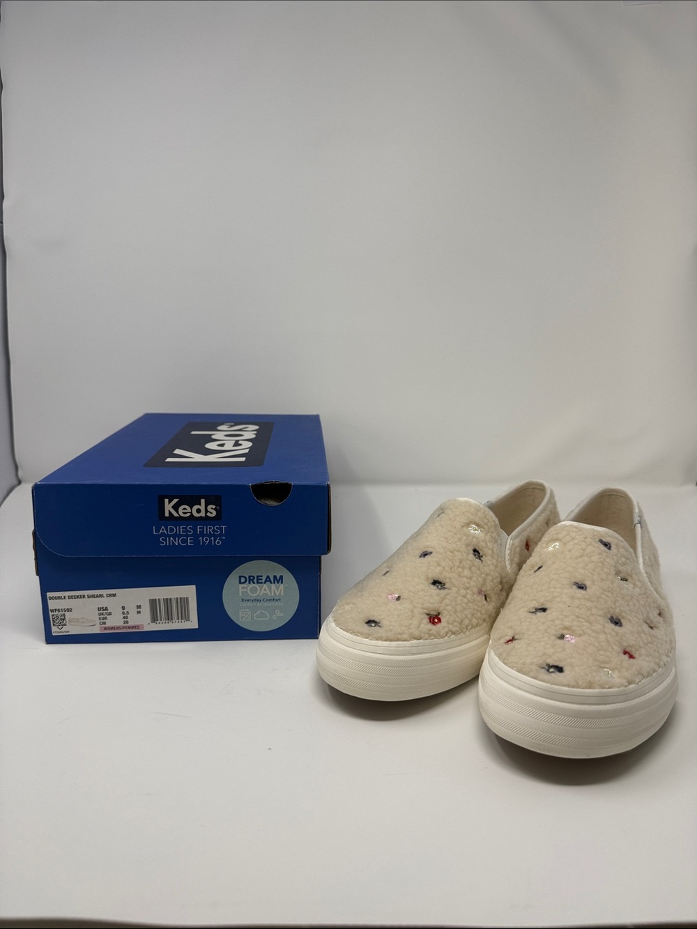 Keds Cream Embroidered Fuzzy Slip-On Sneakers